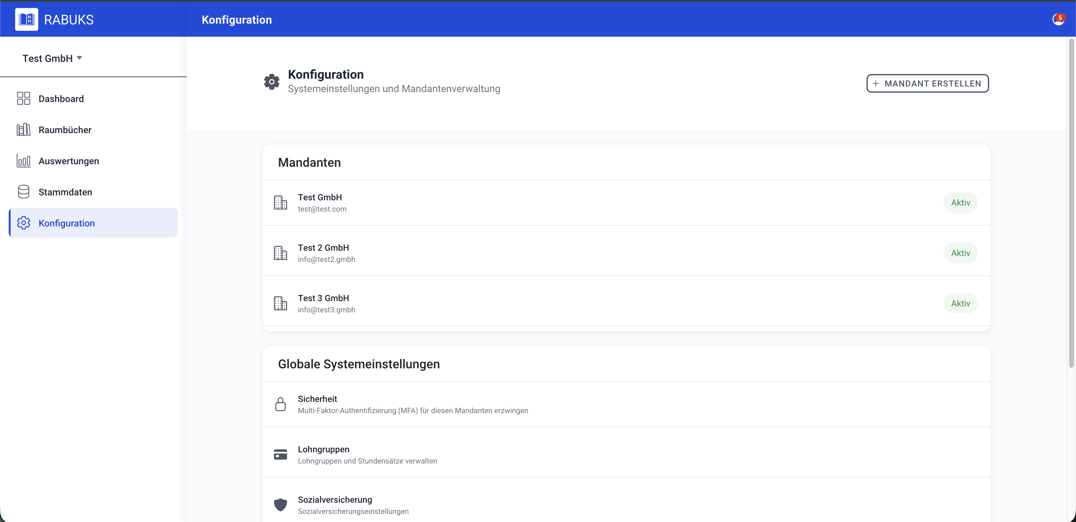 Rabuks Konfigurationsansicht mit Rollen, Rechten und Workflow-Einstellungen